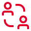Red outline icons of two stylized human figures facing each other, connected by curved red lines, on a light gray background.