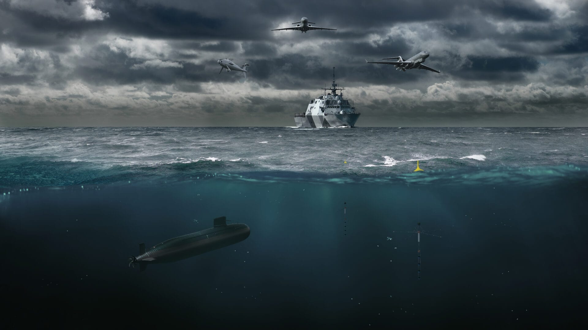 Dramatic picture of ASW aircraft and UAS overflying naval ship and submarine with sonobuoys in the water