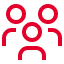 Red icon of three stylized people with circular heads and curved lines for bodies, arranged in a triangle formation on a light background.