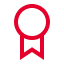 A simple red icon of a ribbon award, featuring a circular top with a V-shaped ribbon hanging below, on a light gray background.