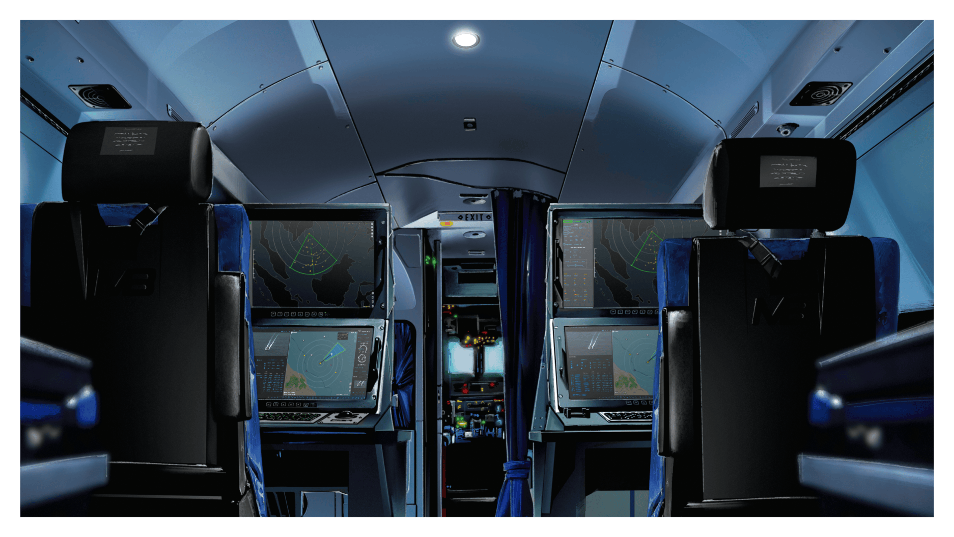 En la cabina de mando de un avión moderno, varias pantallas digitales de gran tamaño muestran los datos de navegación para la Guardia Costera del Caribe Neerlandés. Hay dos asientos situados frente a las pantallas, y la cabina de pilotaje se divisa al fondo a través del pasillo central.
