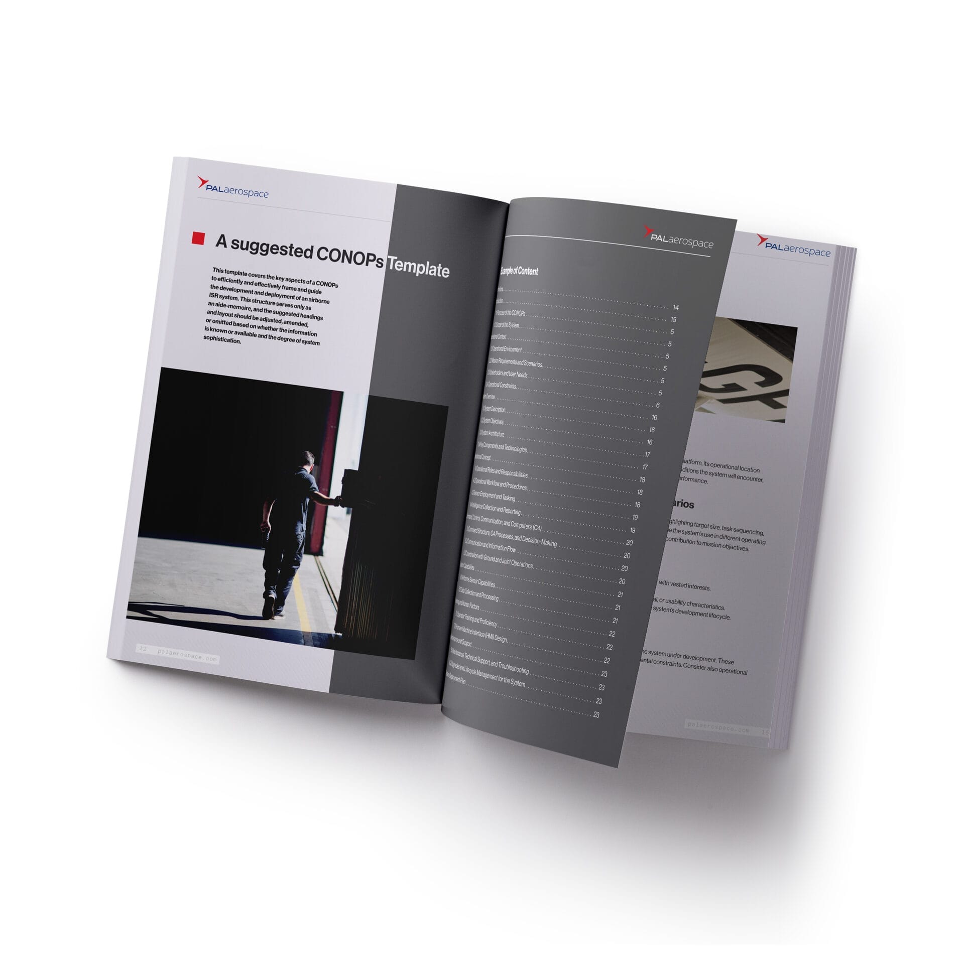 Open magazine displaying a section titled A suggested CONOPS template with a photo of a person walking towards a bright doorway and a visible table of contents on the opposite page.
