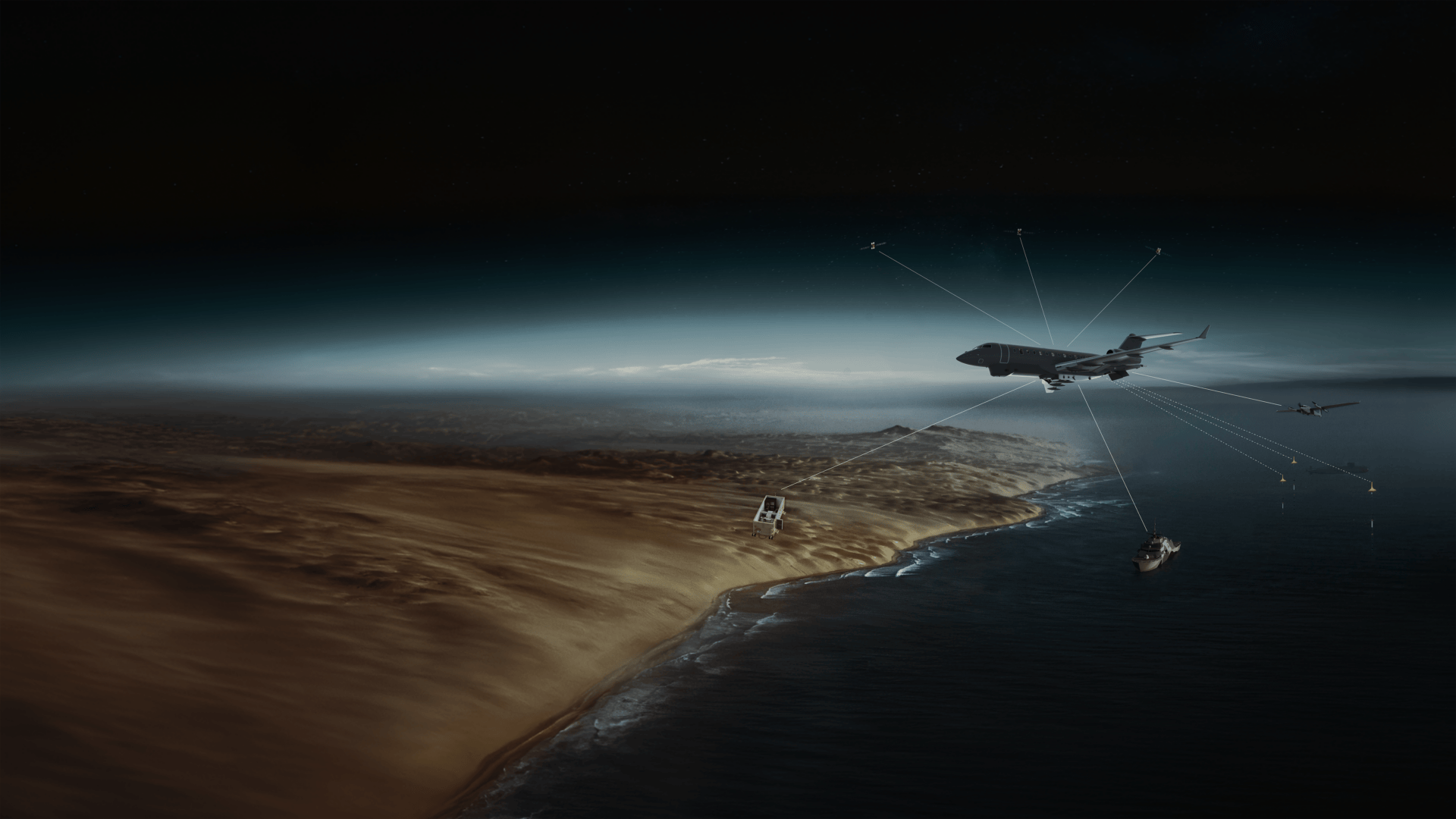 Una ilustración digital en tonos oscuros muestra un dron sobrevolando la costa, conectándose con diversos objetos, como un barco, una boya, un vehículo en tierra y satélites, lo que pone de relieve la tecnología de comunicación en red y de vigilancia.