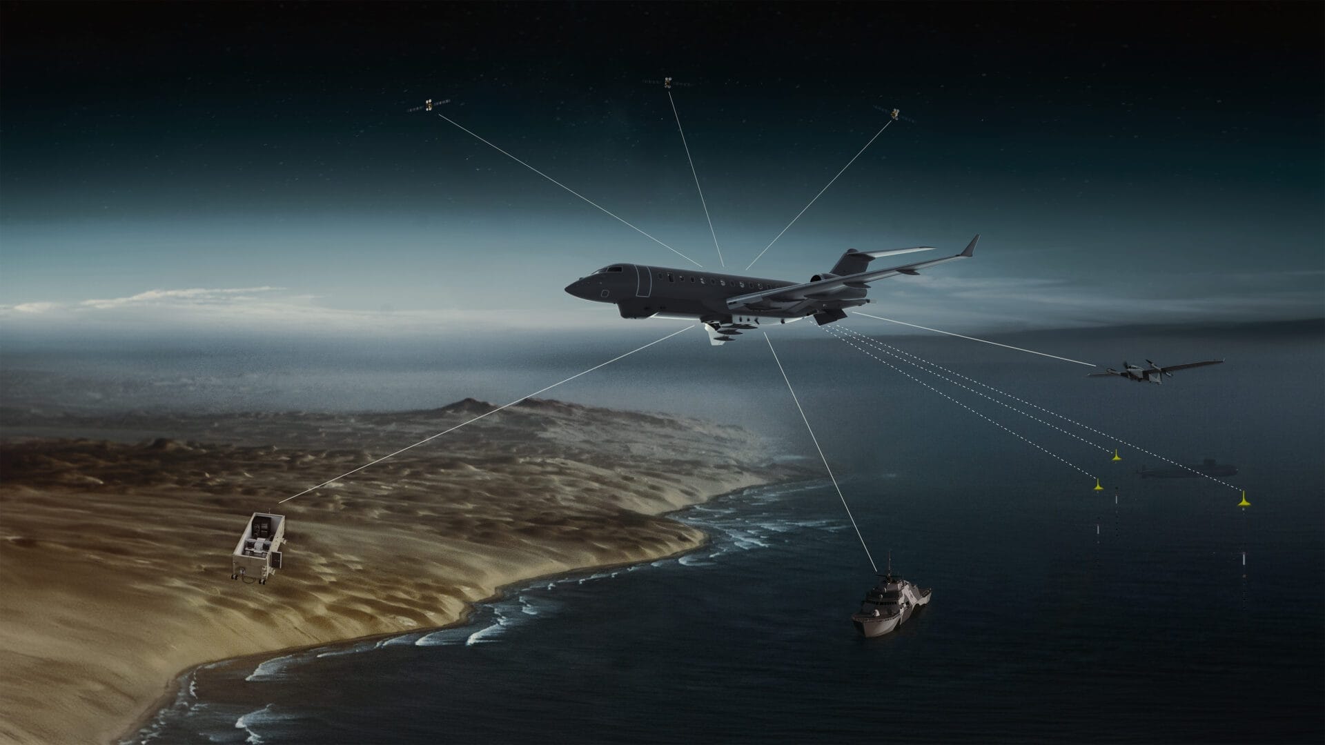 A military aircraft flies over a coastline, connected by lines to drones, a ground unit, a ship, and a maritime vessel, illustrating a networked defense system.