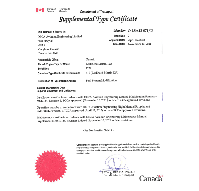 A Canadian Supplemental Type Certificate from the Department of Transport for DECA Aviation Engineering Limited, authorizing a fuel system modification to the Lockheed Martin 12A aircraft, dated November 10, 2021.