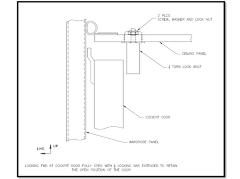 Dibujo técnico en el que se muestra una puerta de la cabina (O-LSA15-087) completamente abierta, con el pestillo de retención y la barra de bloqueo extendidos para asegurar la puerta. Las etiquetas identifican la puerta de la cabina, el panel del armario, el panel del techo y los componentes del mecanismo de cierre.
