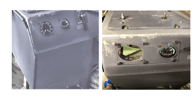 Side-by-side images showing close-ups of a gray metal control panel with gauges, highlighting a Dial Gauge Installation—one image shows an empty slot, while the other displays the mounted and working dial gauge.
