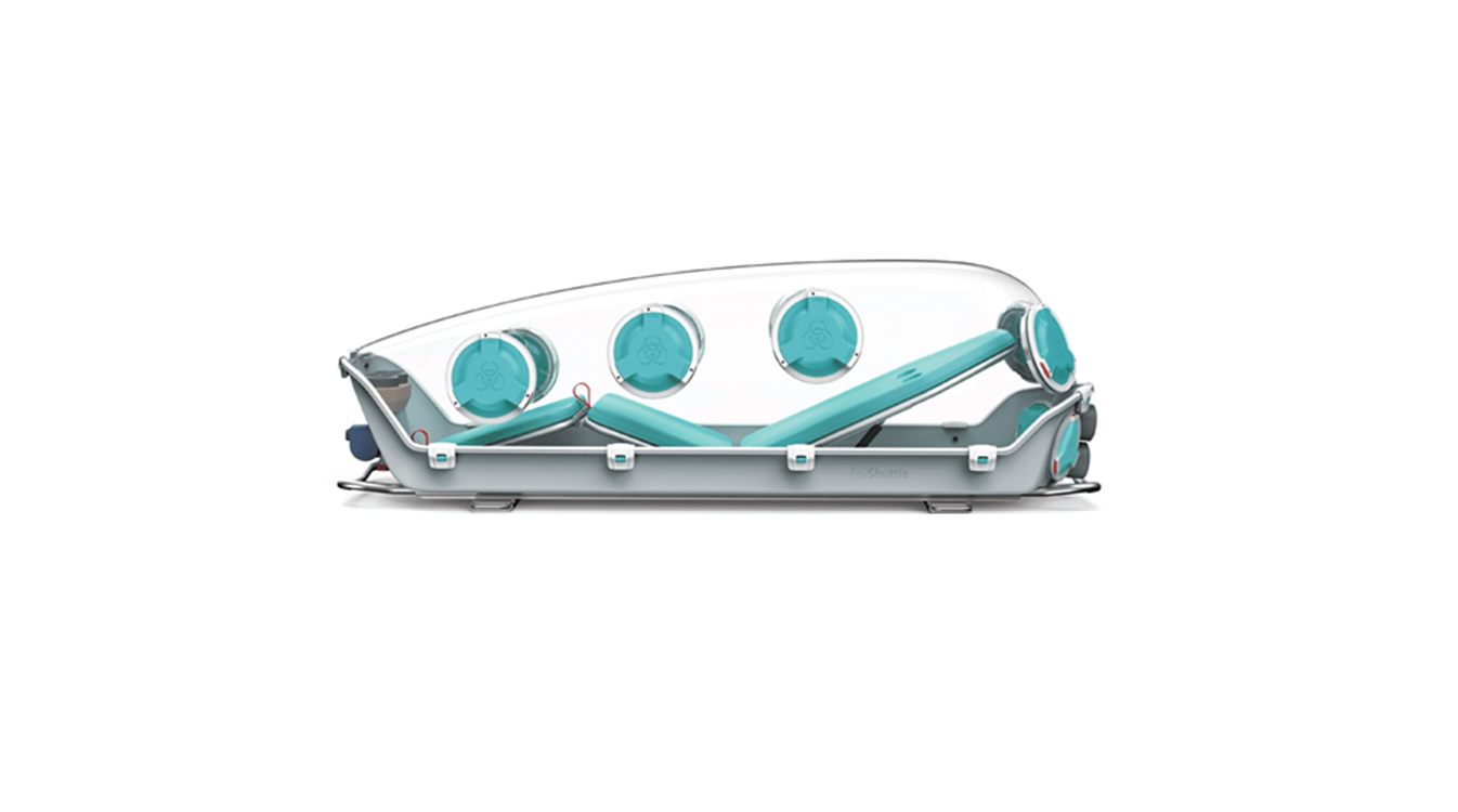 A transparent medical isolation pod with circular sealable access ports and teal support structures, featuring a thoughtfully designed Medical Transport Interior for safely transporting contagious patients.