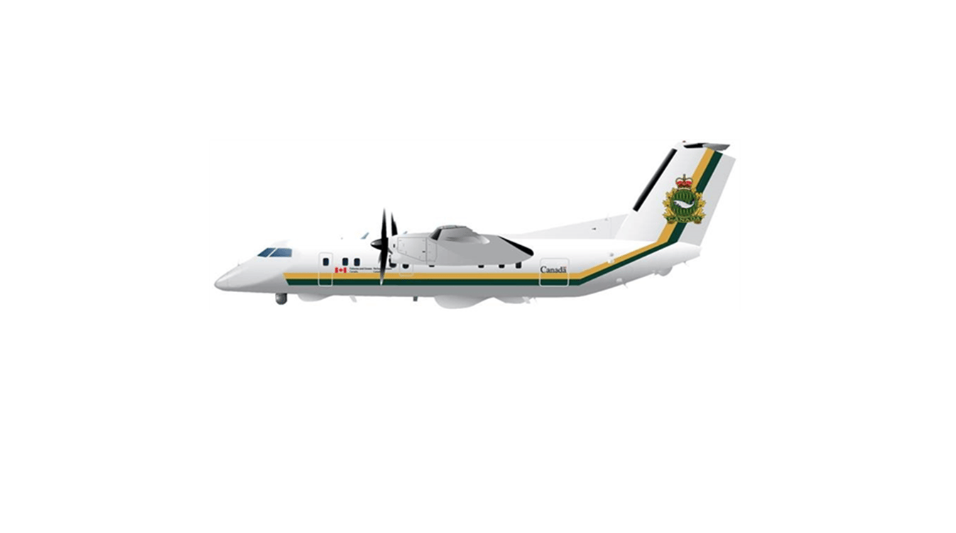 A white Canadian government airplane with a green and yellow stripe, the Canadian flag near the front, and an official crest on the tail, features advanced weather radar and multi-function display systems. Shown on a plain white background.