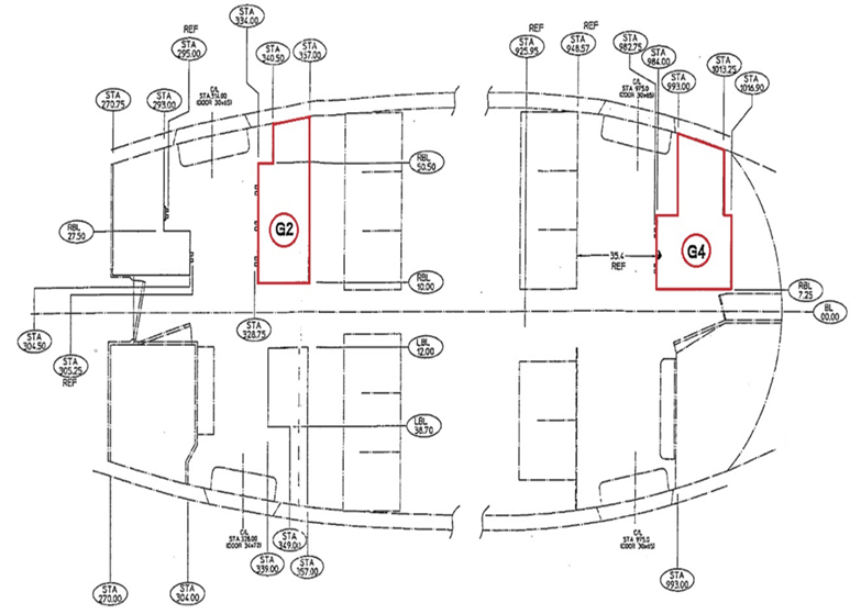 Schéma en noir et blanc de l'aménagement de la cabine d'un avion illustrant la disposition des sièges, avec les cuisines Driessen G2 et Driessen G4 indiquées en rouge vers l'avant. Des cercles numérotés indiquent les points de référence clés.