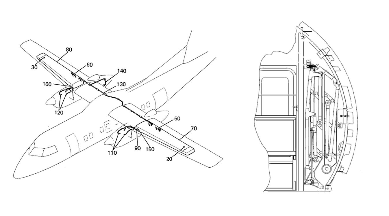 Technical line drawing of a twin-propeller airplane with numbers labeling parts on the left, and a detailed cross-sectional diagram of aircraft landing gear on the right, highlighting weight increase and 1000 lb all up weight limitation.