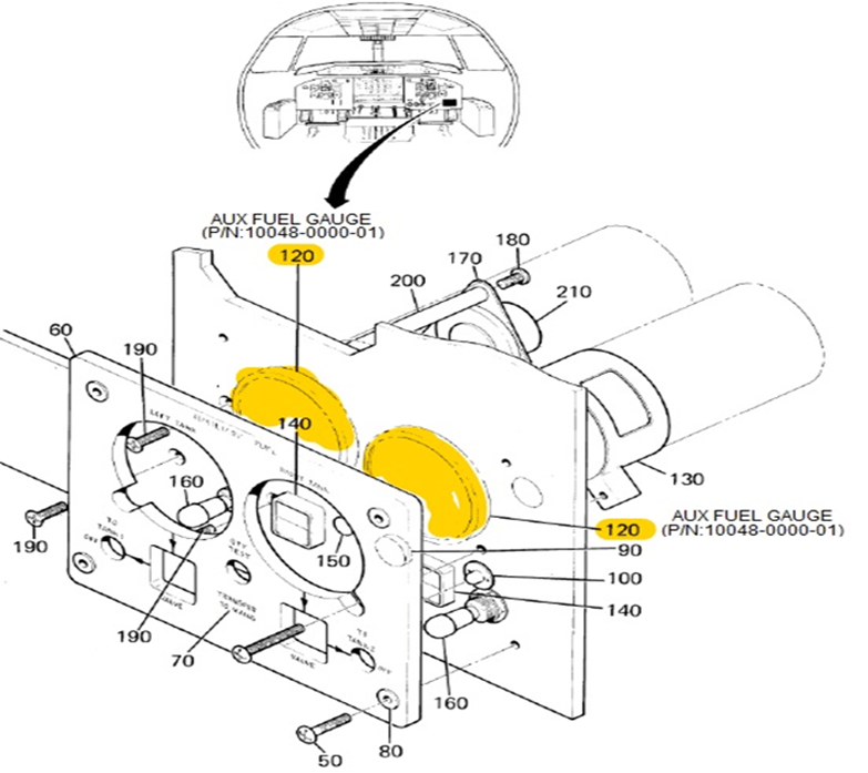 Diagram of an aircraft instrument panel, highlighting the Auxiliary Fuel System gauge locations with yellow shading and labels 120, showing the placement of parts and part numbers for reference.