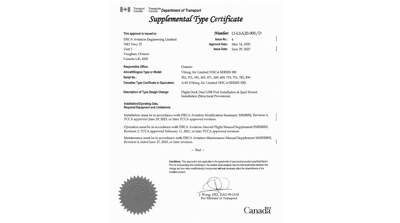 Certificado de tipo suplementario canadiense expedido a D&C Aviation Engineering Limited, en el que se detalla la autorización para la instalación de un puerto USB doble en la cabina de mando, con funciones de control del funcionamiento y de la carga, en un Boeing 737-800, firmado por un representante de Transport Canada.