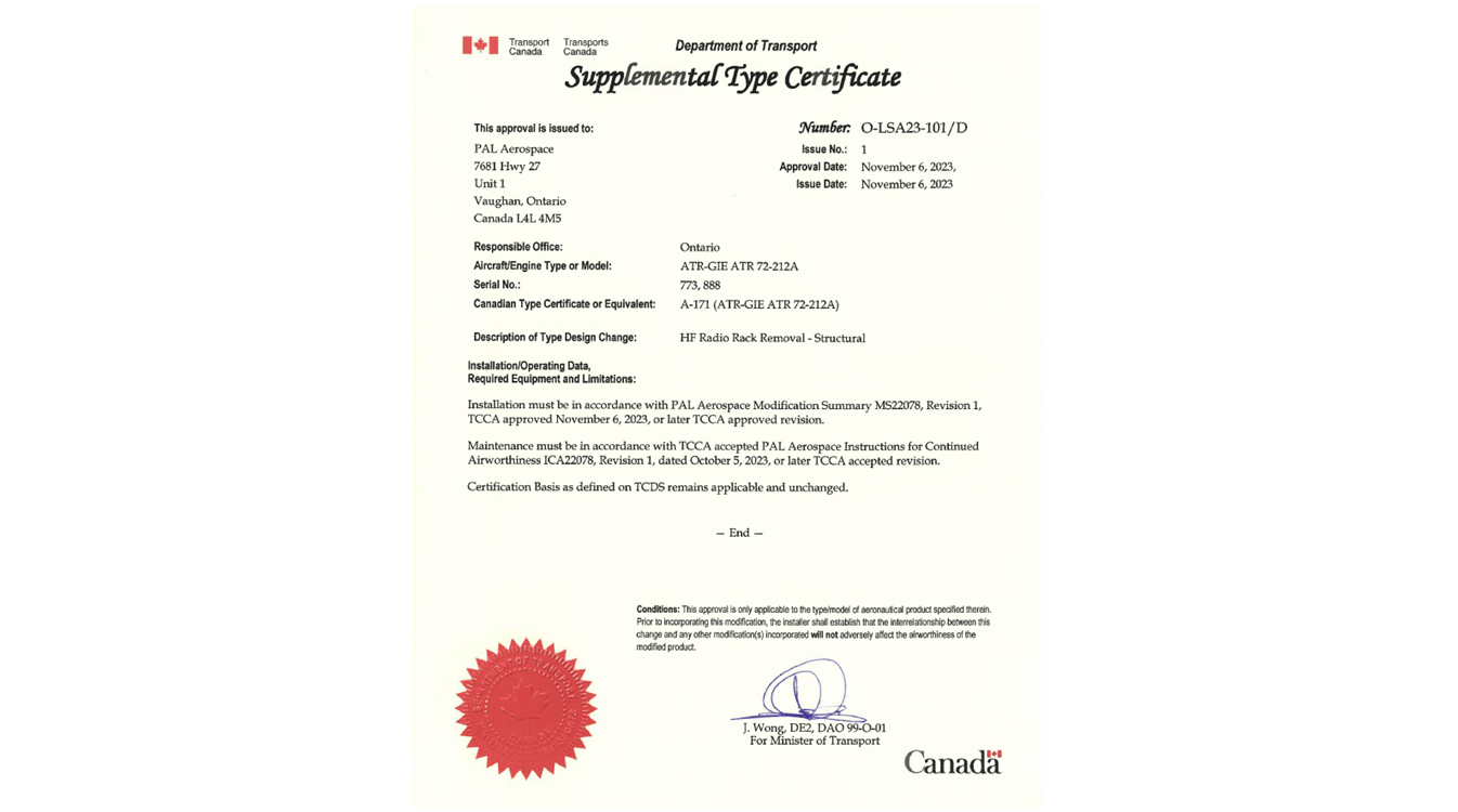 An official Canadian Supplemental Type Certificate document with a red seal, signatures, and text detailing structural aircraft modifications approval, including HF Radio Rack Removal for the PIAA Airspace 3Y series. The Transport Canada and Canada logos appear at the top and bottom.