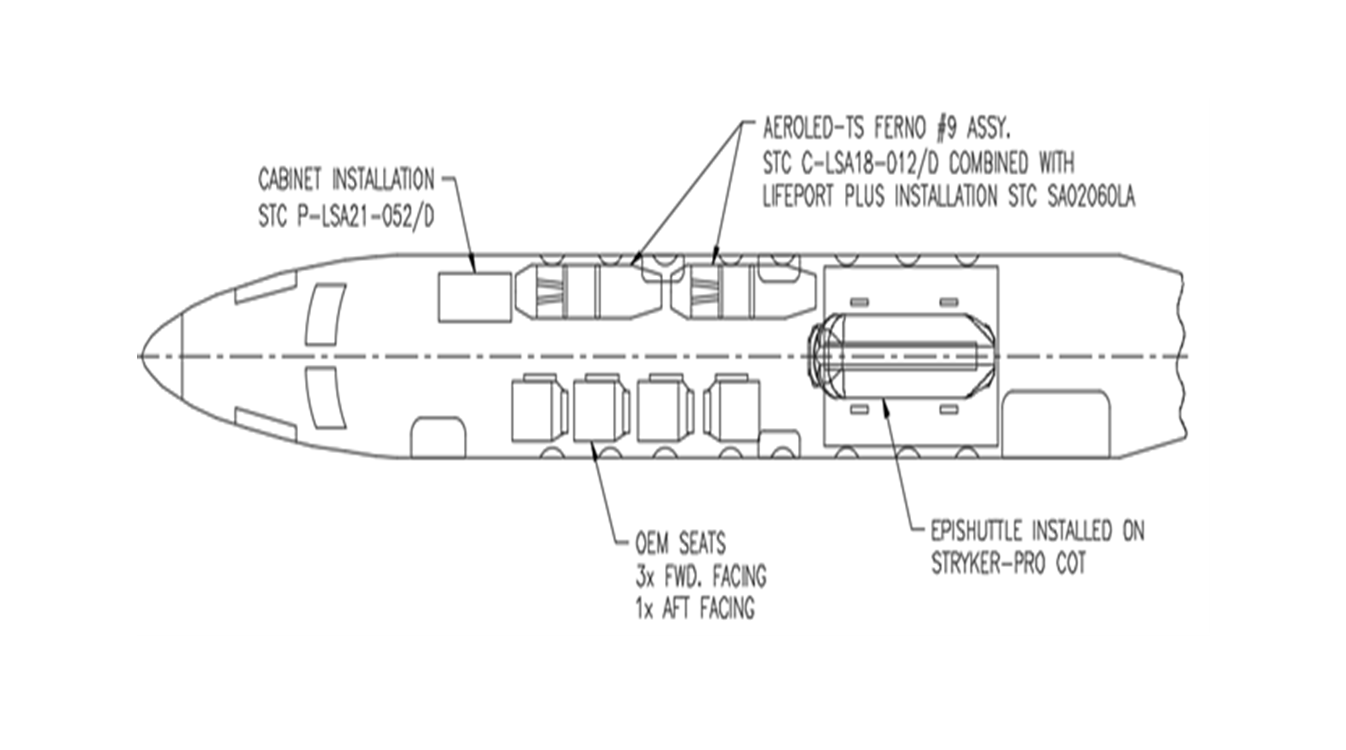 Schéma technique de l'aménagement de la cabine d'un avion, indiquant les sièges d'origine identifiés, l'installation des armoires et les équipements médicaux, notamment le Ferno F9 Aerolled-TS et l'EpiShuttle sur une civière Stryker-Pro.