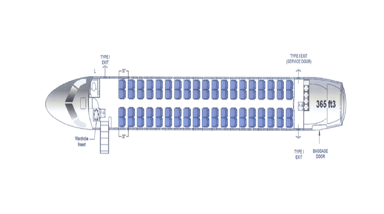 Diagram of an airplane cabin layout showing rows of passenger seats, cockpit at the front, exit doors labeled TYPE I EXIT, a wardrobe inset near the cockpit, and baggage door at the rear—features reflect options for 86 Pax or 76 Pax Cabin Seating Change.