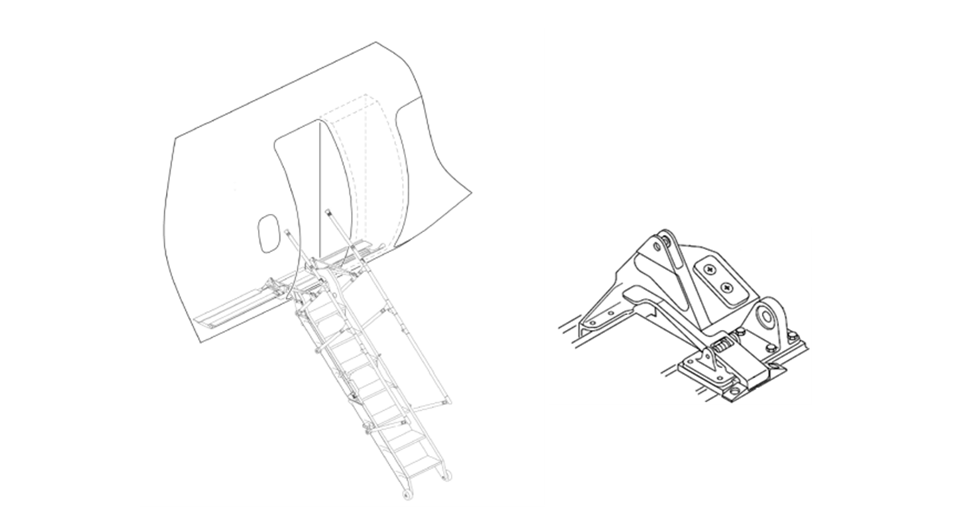Line drawing of an airplane fuselage section with a deployed aft entry airstair modification at the door, shown on the left. On the right, a detailed close-up diagram of the hinge or bracket component for removal.