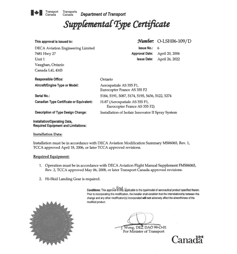 Certificado de tipo suplementario canadiense expedido por Transport Canada a favor de DECA Aviation Engineering Limited, en el que se detalla la autorización para la instalación del sistema de pulverización Isolair Innovator II en los modelos de aeronaves Air Tractor, con fecha del 20 de abril de 2006 y firmado por el ministro de Transporte.