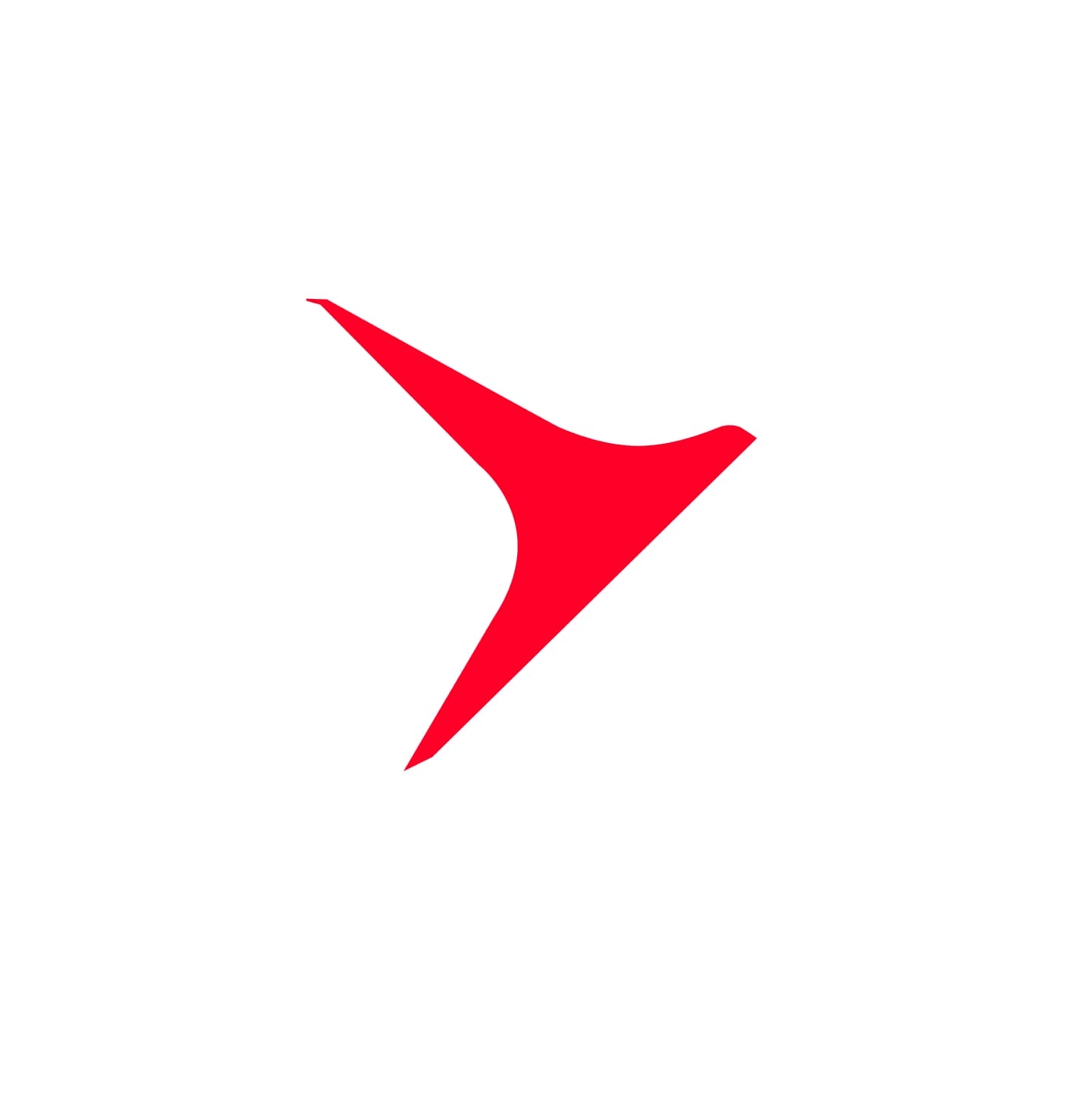 A red, abstract, arrow-shaped logo with curved edges points to the right on a plain white background, symbolizing structural efficiency in HF Radio Rack Removal.