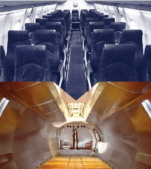 A split image showing the interior of an airplane: the top half displays rows of passenger seats, while the bottom half reveals interior modifications—a stripped-down cabin with exposed walls and no seats.