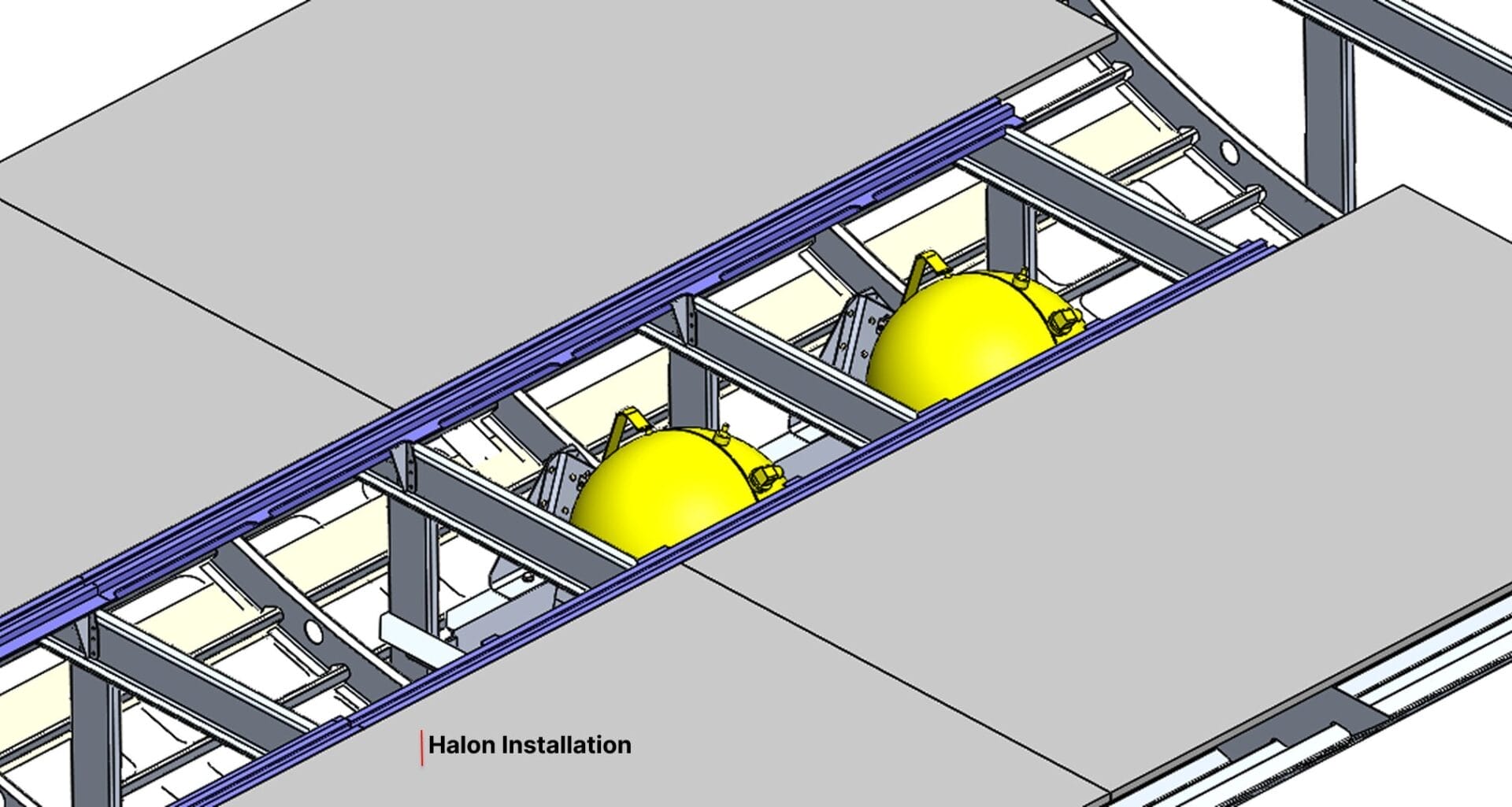 Diagram showing a Halon installation with two yellow spherical tanks positioned between metal support beams under large grey panels. Text label Halon Installation appears in the lower left corner.