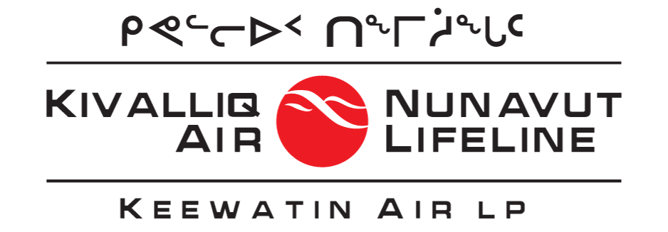 Logo de Keewatin Air LP, une compagnie aérienne basée au Canada, comportant en haut des syllabes en inuktitut, le slogan « Kivalliq Air Nunavut Lifeline » inscrit autour d'un cercle rouge orné de lignes ondulées blanches, et en bas la mention « Keewatin Air LP ».