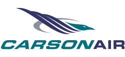 Logo représentant un avion stylisé, de couleur bleue et turquoise, volant au-dessus du texte « CARBONAIR » écrit en lettres majuscules grasses, turquoise et noires, évoquant l'innovation en matière de C4ISR et l'avantage décisionnel pour le Canada.