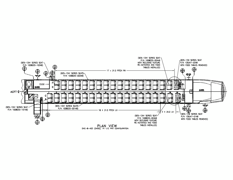 Zwart-witte technische tekening met een bovenaanzicht van de stoelindeling van een Q400 (DHC-8-402) vliegtuig, inclusief genummerde stoelrijen, gangpaden, deuren en details over stoelseries, tussenruimte, uitneembare tafeltjes en mogelijkheden voor het aanpassen van het interieur.