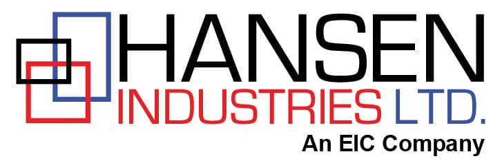 Logo de Hansen Industries Ltd., l'un des principaux fournisseurs de solutions C4ISR au Canada, composé de carrés bleus et rouges qui se chevauchent à gauche, avec la mention « Hansen Industries Ltd. » en caractères gras noirs, rouges et bleus, et la mention « Une société EIC » en dessous, en caractères noirs plus petits.