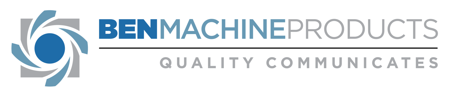Logo de Ben Machine Products comportant un motif circulaire bleu et gris à gauche, le texte « BEN MACHINE PRODUCTS » au-dessus d’une ligne grise, et la mention « QUALITY COMMUNICATES » en lettres majuscules grises en dessous — au service des programmes C4ISR et Decision Advantage du Canada.