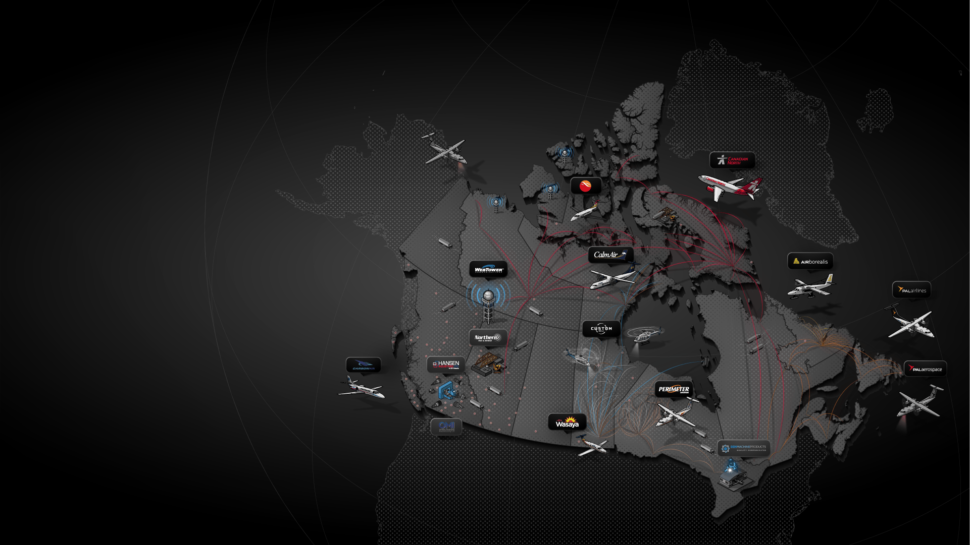 A dark map of Canada marked with airline logos, airplanes, and colored flight path lines connecting various cities and regions, illustrating Canada’s air travel network and highlighting the country’s C4ISR-driven Decision Advantage.