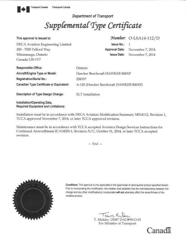 A Canadian Supplemental Type Certificate for DECA Aviation, approving ELT Installation on the Hawker Beechcraft 800XP. Features official stamps, signatures, and approval dates from Transport Canada.