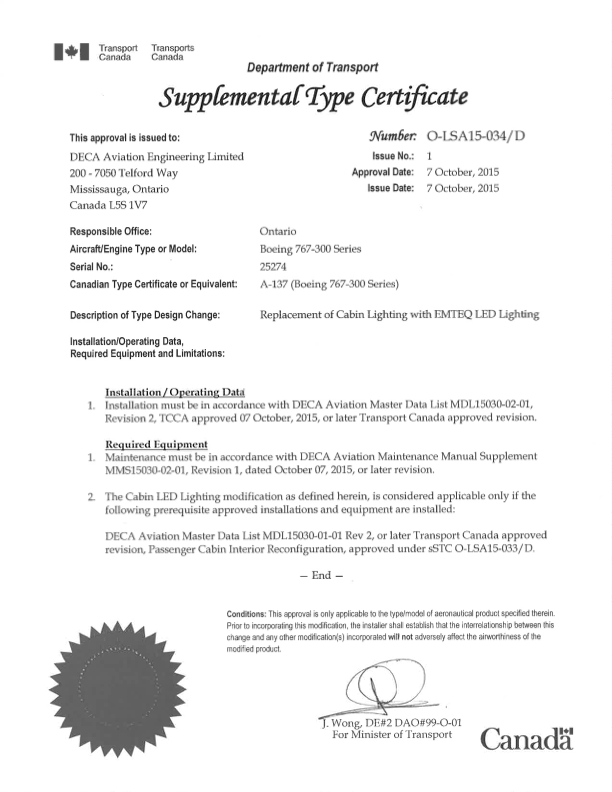 A Canadian Supplemental Type Certificate document approving DECA Aviation Engineering Limited for a Boeing 767-300 Cabin Lighting Replacement with EMTBG LED lighting, issued October 7, 2015. Includes official logos and signature.