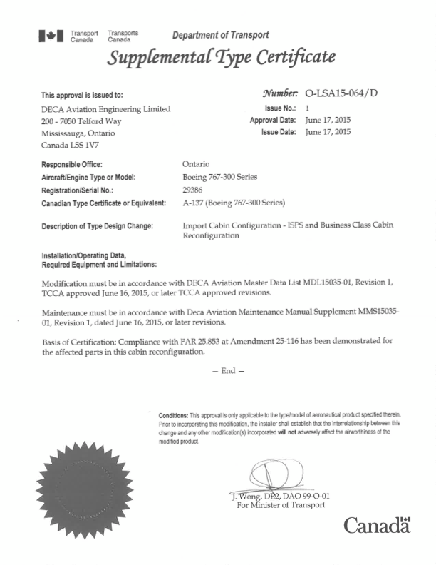 A Canadian Supplemental Type Certificate approves a Cabin Configuration alteration to a Boeing 767-300, issued to DECA Aviation Engineering Limited. The document features signatures, logos, and official Import details.