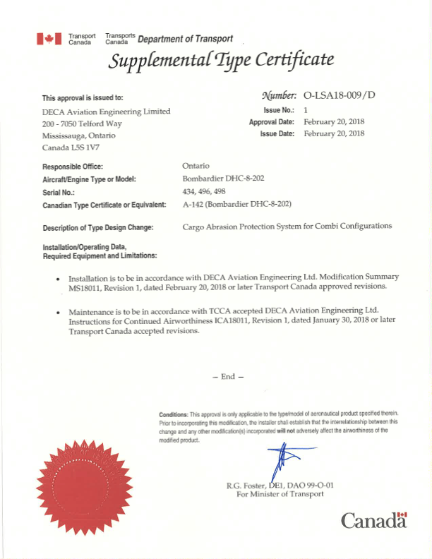 A Transport Canada Supplemental Type Certificate for Bombardier DHC-8-202, issued to DECA Aviation Engineering Limited, approving a Cargo Abrasion Protection System for combi configuration. Signed by R.G. Foster on February 20, 2018.