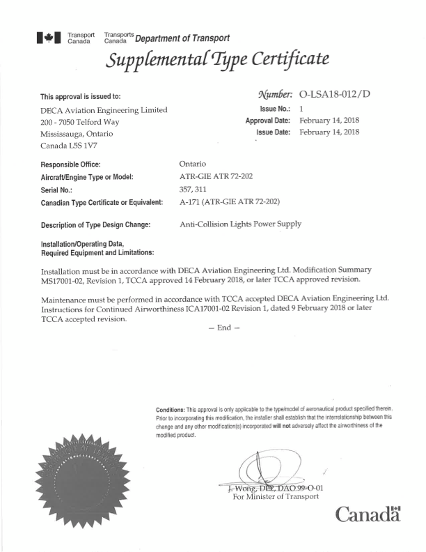 Certificado de tipo suplementario canadiense por el que se aprueba una fuente de alimentación para luces anticolisión de aviación destinadas a aeronaves, expedido a DECA Aviation Engineering Limited el 14 de febrero de 2018, con sellos y firmas oficiales.