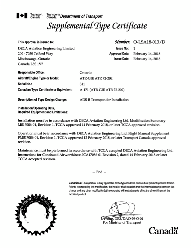 Kanadyjski uzupełniający certyfikat typu wydany firmie DECA Aviation Engineering w związku z instalacją systemu ADS-B oraz transpondera w samolocie ATR-GIE ATR 72-202, z dnia 14 lutego 2018 r., opatrzony oficjalnymi logo i podpisami Transport Canada.