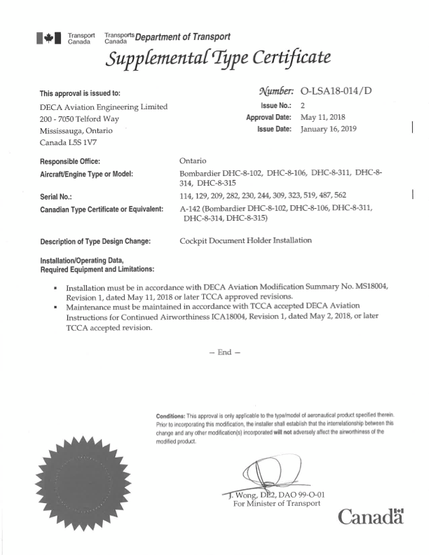 A Supplemental Type Certificate document from Transport Canada for DECA Aviation Leasing Limited, detailing approval for Document Holders installation in the cockpit on several Bombardier aircraft models, dated January 16, 2019.
