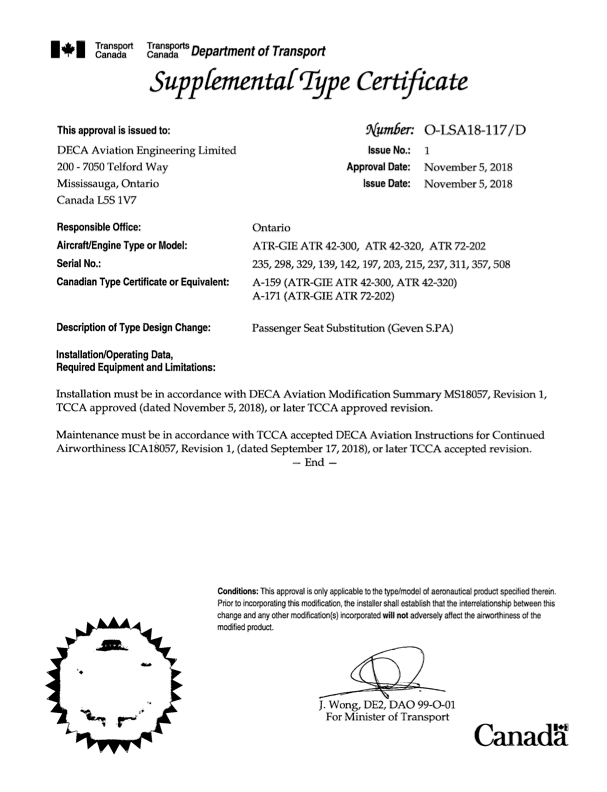 A black and white official document titled Supplemental Type Certificate, O-LSA18-117/D, from Transport Canada, issued to DECA Aviation Engineering Limited, details approval for an Airbus aircraft engine change and passenger seat substitution in Ontario.