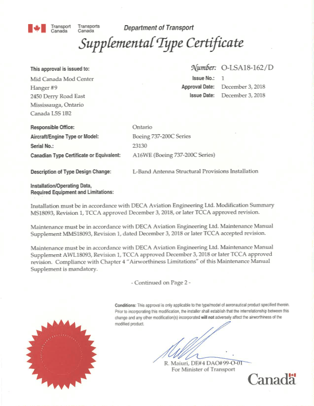 Een aanvullend typecertificaat van het Canadese Ministerie van Transport voor Mid Canada Mod Center, waarin de constructieve voorschriften voor de installatie van een L-bandantenne op een Boeing 737-200C-vliegtuig worden goedgekeurd, gedateerd 3 december 2018.