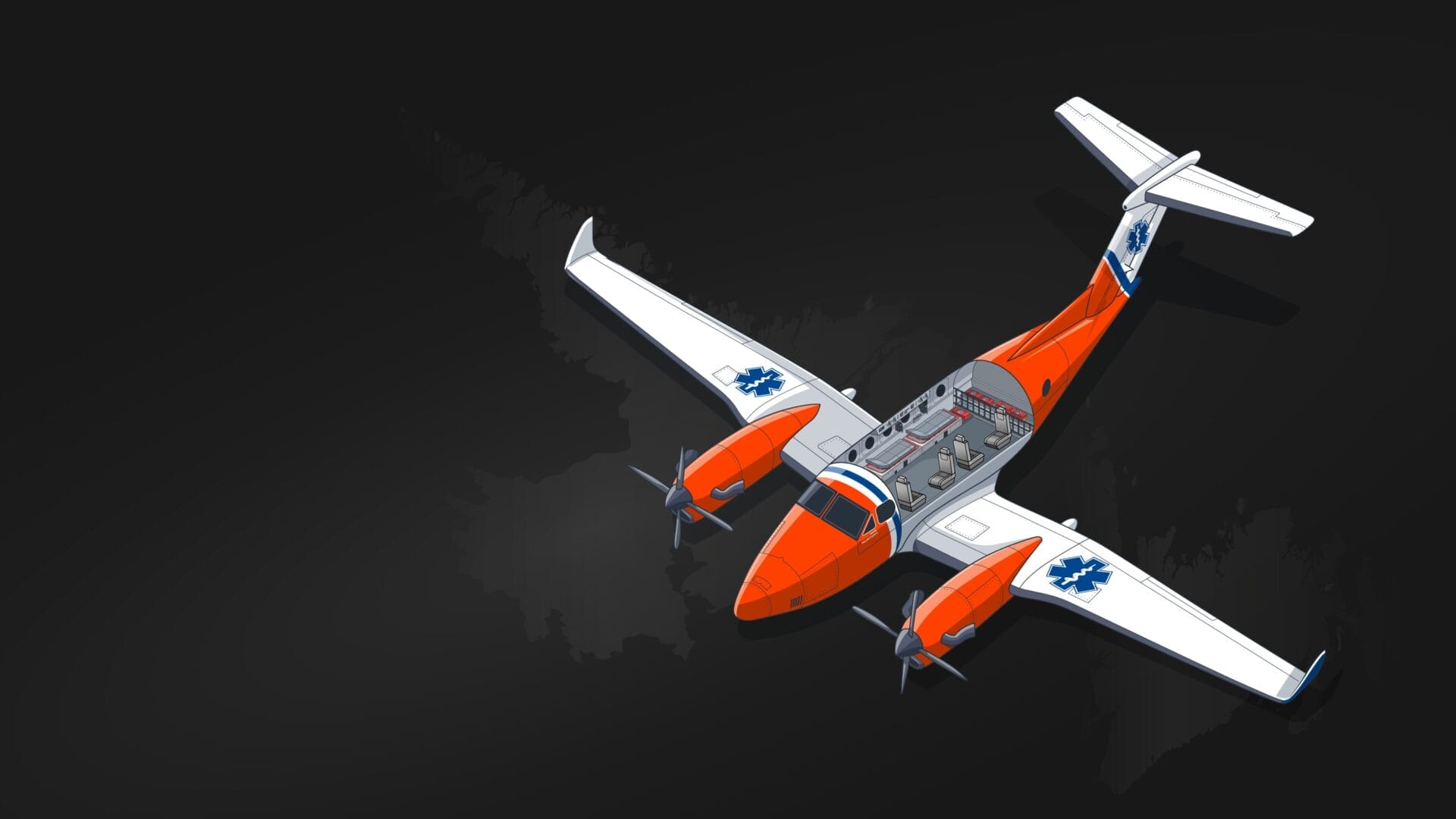 An isometric illustration of a PAL Aerospace fixed-wing air ambulance in orange and white, featuring blue star of life symbols on the wings and tail, with a detailed medical interior. The background is dark gray, inspired by Newfoundland and Labrador operations.