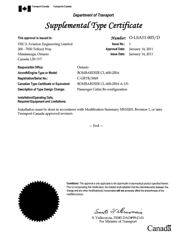 Een aanvullend typecertificaat van Transport Canada, afgegeven aan DECA Aviation Engineering Limited voor een Bombardier CL-600-2B16 (CL601) vliegtuig, gedateerd 14 januari 2011, waarin een herinrichting van de passagierscabine wordt goedgekeurd, voorzien van officiële handtekeningen en details.