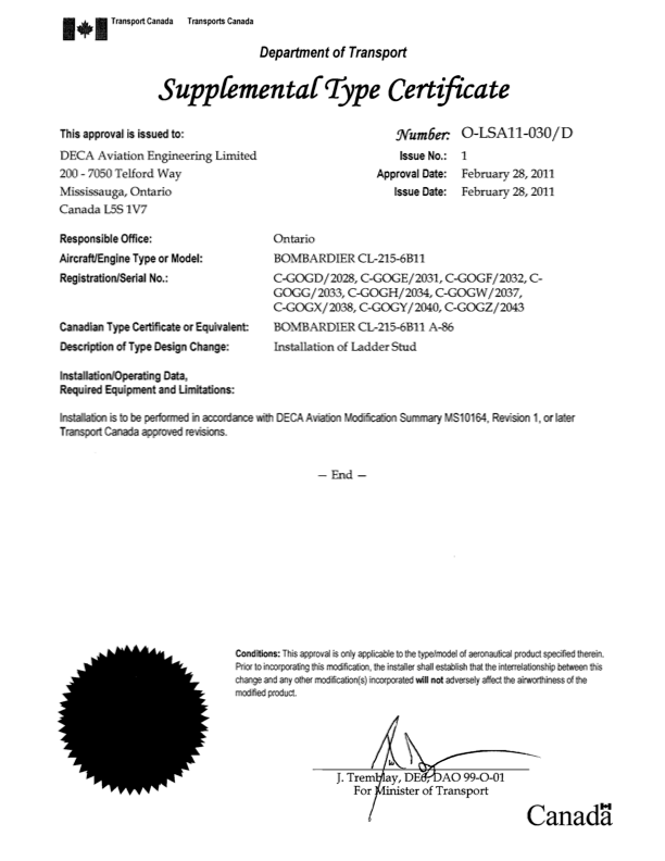 Un documento oficial en blanco y negro titulado «Certificado de tipo suplementario» del Departamento de Transporte, por el que se autoriza a DECA Aviation Engineering Limited a instalar un soporte para escaleras en determinados modelos de la aeronave Bombardier CL415.