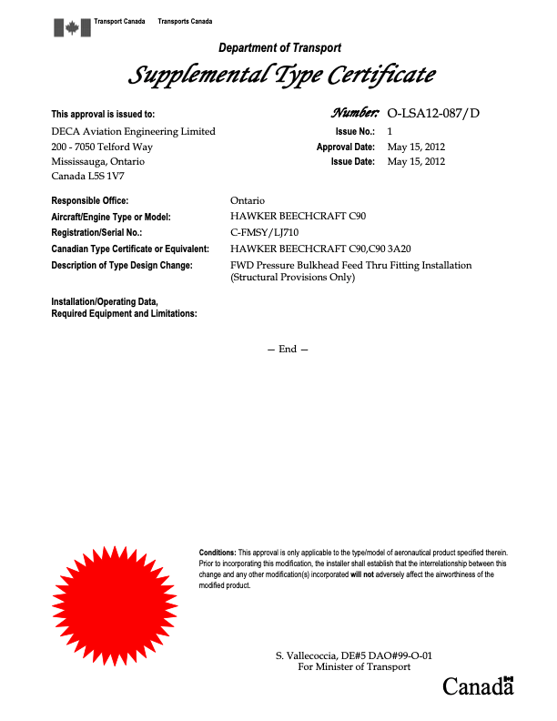 A Transport Canada Supplemental Type Certificate approving a Hawker Beechcraft C90 Forward Bulkhead modification for DECA Aviation Engineering Limited, dated May 15, 2012, with detailed certification and contact information.