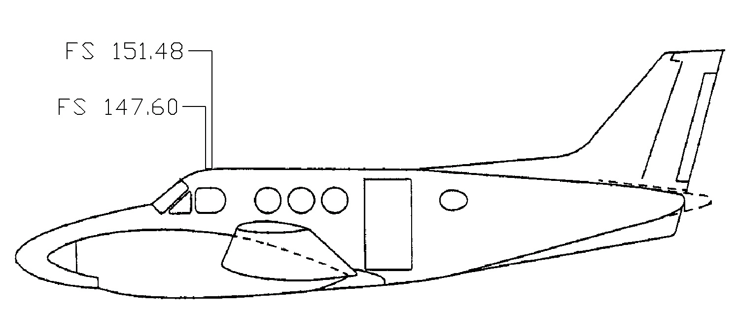 Line drawing of a Hawker Beechcraft C90 side profile, showing two labeled points—FS 151.48 and FS 147.60—near the cockpit and fuselage for Iridium Antenna Installation with Satphone S200-021.