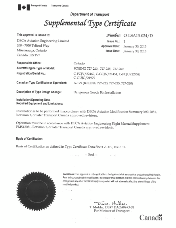 Certificat de type supplémentaire délivré par Transports Canada à DECA Aviation Engineering Limited, autorisant l'installation de conteneurs pour marchandises dangereuses sur les Boeing 727, signé et daté du 31 janvier 2011.