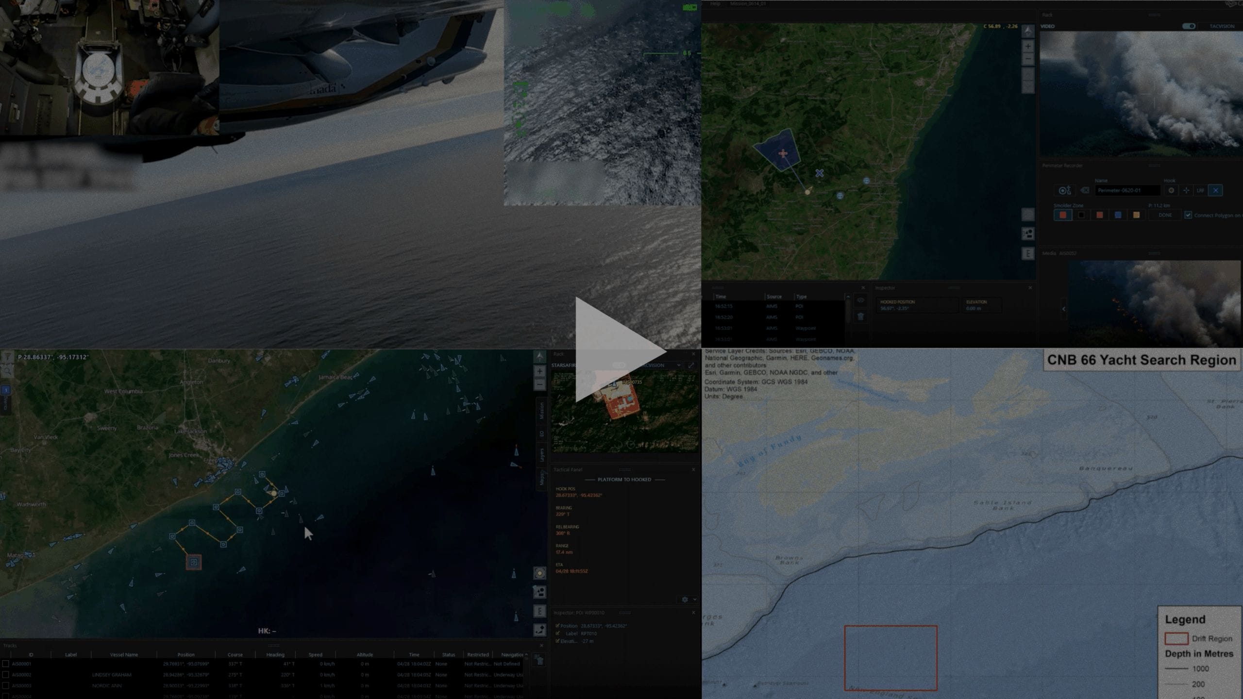Split-screen view showing maps and navigation displays, with sections highlighting a coastline, search areas, and control panels. A play button is centered, indicating a paused video from the Best of 2025 broadcasts.