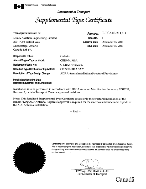 A Canadian Supplemental Type Certificate document approving structural provisions for an ADF antenna installation on a Cessna 340A by DECA Aviation Engineering, featuring official logos, signatures, and comprehensive aviation details.