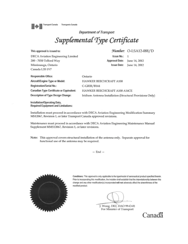 A black and white official document titled Supplemental Type Certificate, issued by Transport Canada for DECA Aviation Engineering Limited, detailing approval for Iridium Antenna Installation on the Beechcraft A100 aircraft with Satphone S200-021.