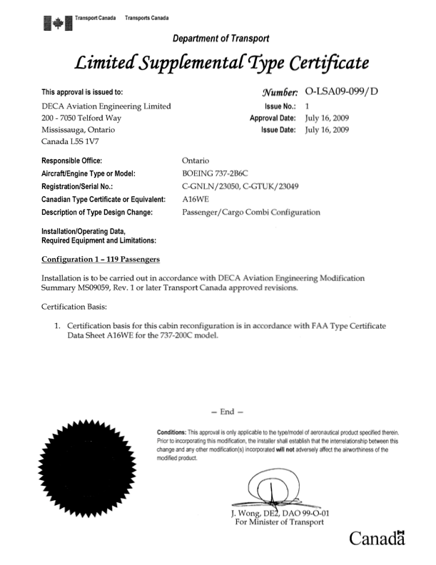 A black-and-white official document titled Limited Supplemental Type Certificate issued by Transport Canada for the Boeing 737-2B6C, detailing certificate specifics, responsible office, and authorized Passenger Cargo Combi Configuration.